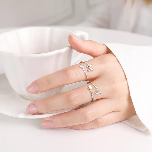 Heart Initial Rings for Women Teen Girls, Stackable Rings Cute Dainty Adjustable - Picture 4 of 8